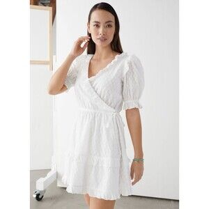New & Other Stories PARIS ATELIER White Textured Eyelet Ruffle Wrap Mini Dress 6
